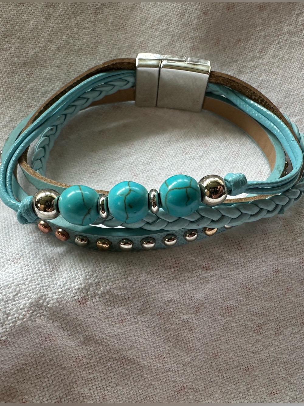 Turquoise Multi-Strand Beaded Leather Bracelet with Magnetic Clasp